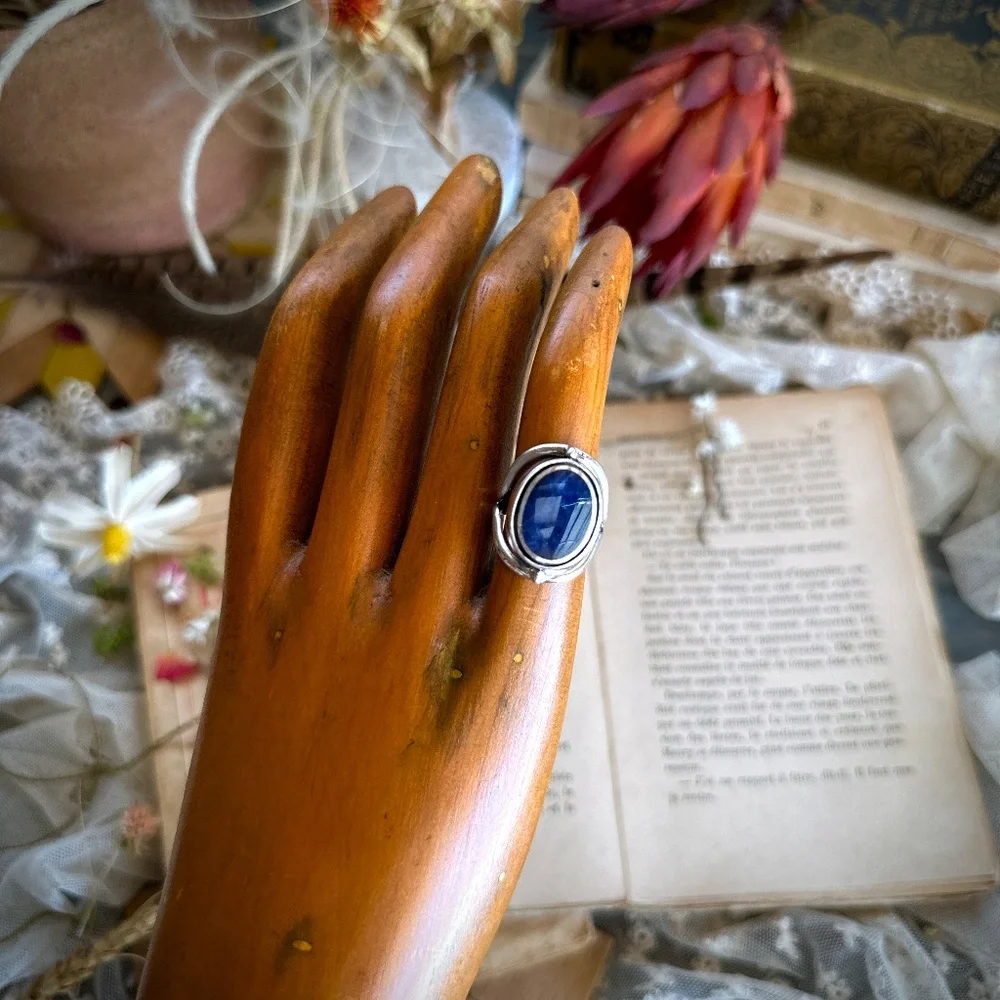 Vintage Sterling Silver Lapis Lazuli & Chrysoprase Spinner Bezel Ring Size 7.75 - Picture 3 of 14
